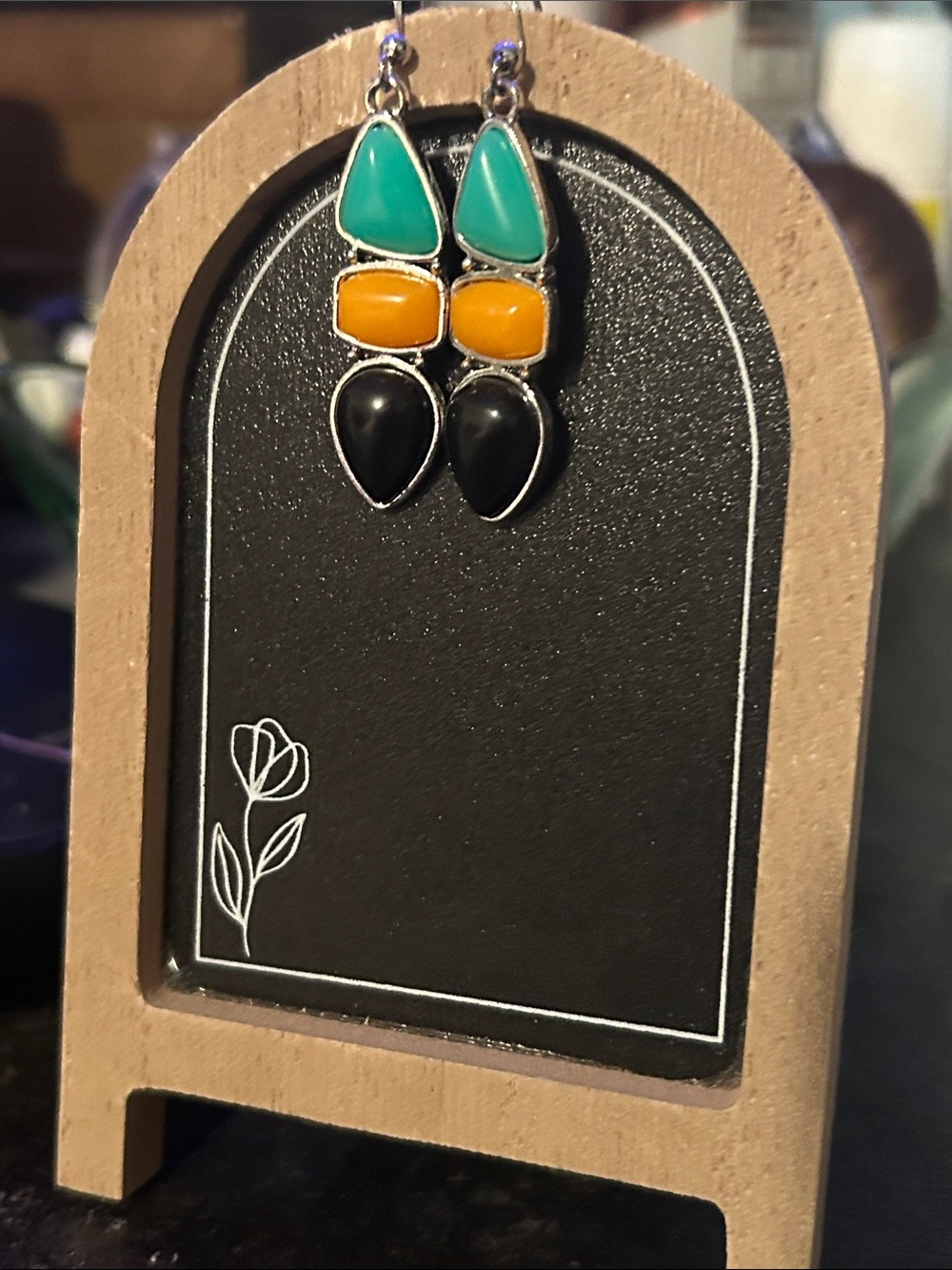 Multi-Color Teardrop silver Dangle Earrings – Turquoise, Amber & Black stones